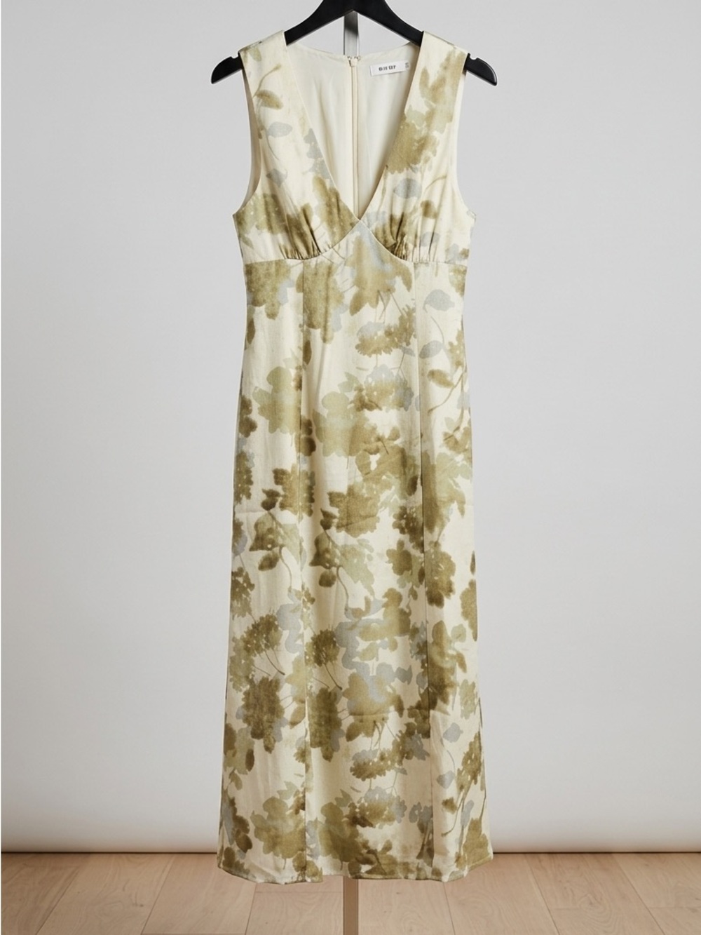 Mod Ref Cream and Olive Floral V-Neck Maxi Dress